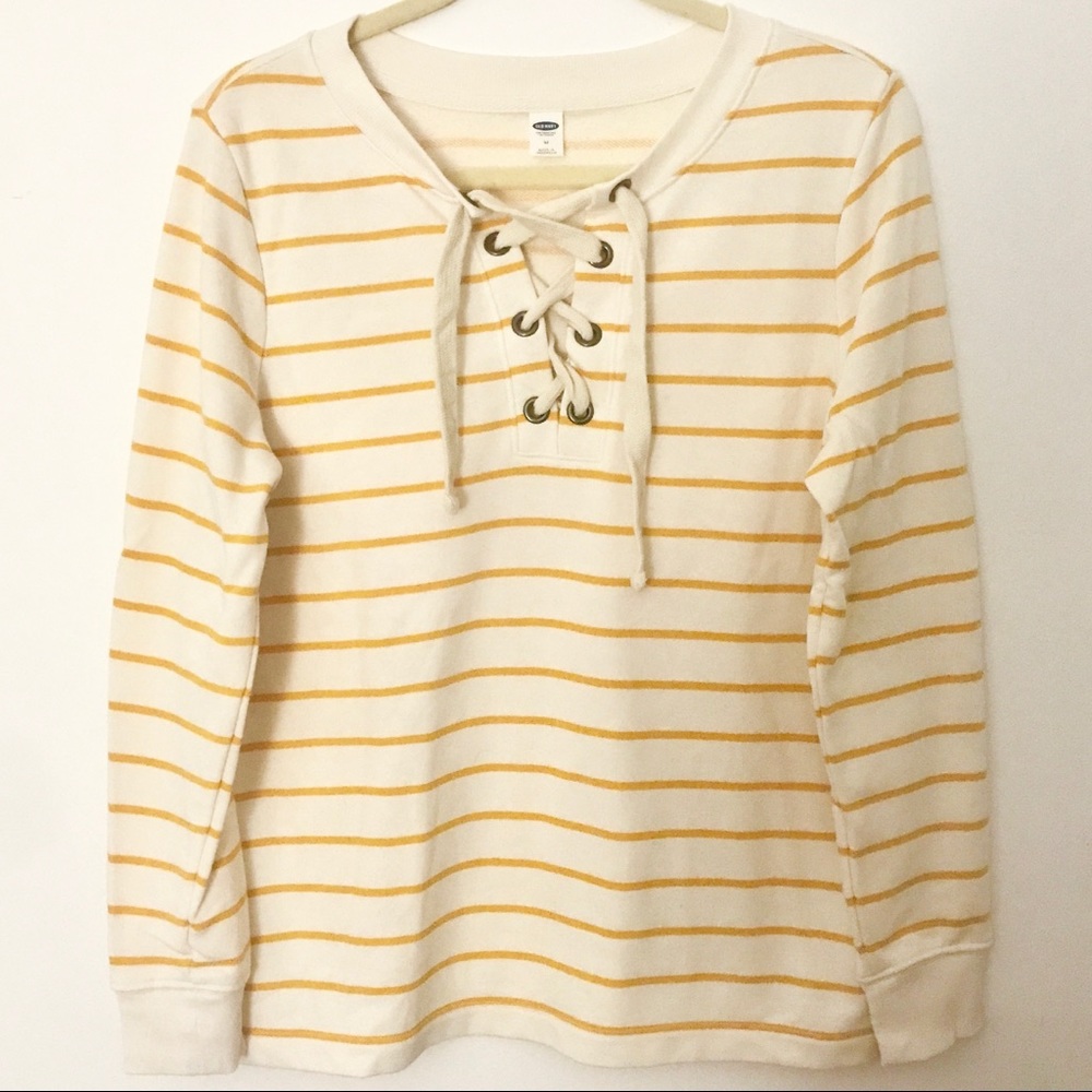 OLD NAVY Yellow Striped Criss Cross Lace Up Top